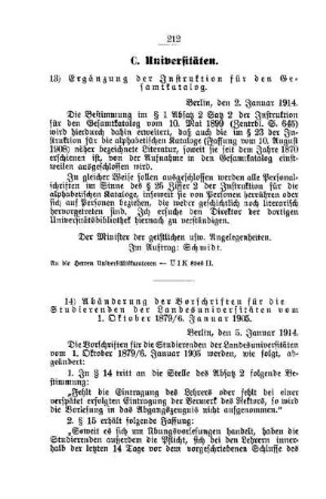 Abänderung der Vorschriften für die Studierenden der Landesuniversitäten vom 1. Oktober 1879 / 6. Januar 1905 : [C. Universitäten]