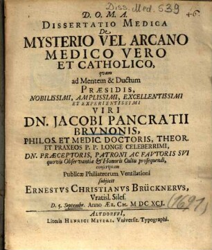 Dissertatio Medica De Mysterio Vel Arcano Medico Vero Et Catholico