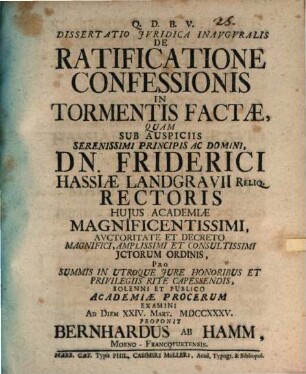 Diss. iur. inaug. de ratificatione confessionis in tormentis factae