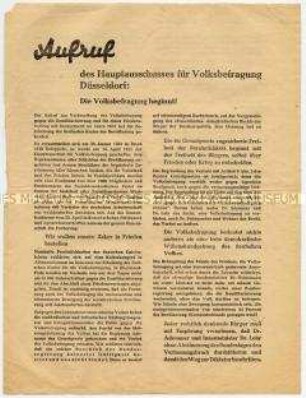 Aufruf des Hauptausschusses für Volksbefragung Düsseldorf zur Durchführung der Aktion gegen Verbot der Bundesregierung