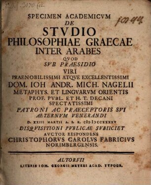 Specimen Academicvm De Stvdio Philosophiae Graecae Inter Arabes