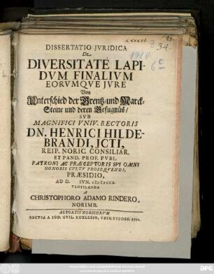 Dissertatio Jvridica De Diversitate Lapidvm Finalivm Eorvmqve Jvre