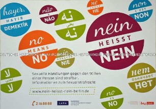 Mehrsprachiges Plakat der Kampagne "Nein heißt Nein", zum 2016 reformierten Sexualstrafrecht für den besseren Schutz der sexuellen Selbstbestimmung; in Türkisch, Englisch, Polnisch, Portugiesisch, Arabisch, Serbisch, Deutsch, Französisch, Spanisch, Russisch.