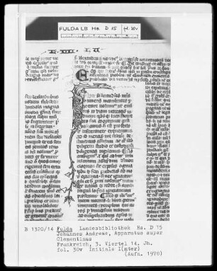 Johannes Andreae, Apparatus super Clementinas — Initiale I(nter), Folio 30verso