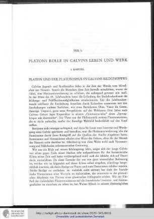 1. Kapitel: Platon und der Platonismus in Calvins Bildungsweg
