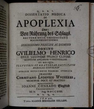 Dissertatio Medica De Apoplexia Oder: Von Rührung des Schlags