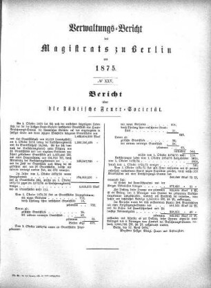 No. XXV. Bericht über die städtische Feuer-Societät