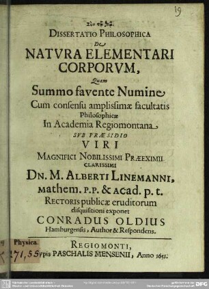 Dissertatio de natura elementari corporum
