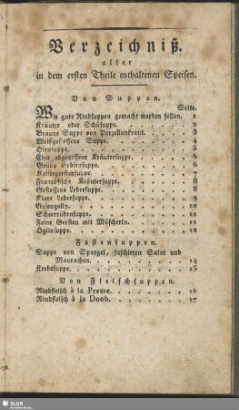 Verzeichniß aller in dem ersten Theile enthaltenen Speisen