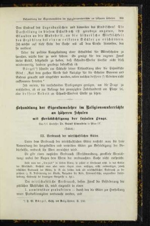Behandlung der Eigentumslehre im Religionsunterrichte an höheren Schulen : mit Berücksichtigung der sozialen Frage ; (Schluß)