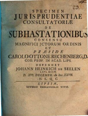 Specimen iurisprudentiae consultatoriae de subhastationibus