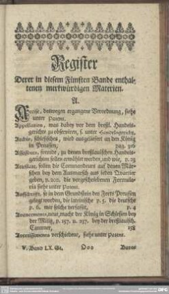 Register Derer in diesem Fünften Bande enthaltenen merkwürdigen Materien