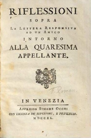 Riflessioni sopra la Lettera responsiva ad un amico intorno alla Quaresima appellante