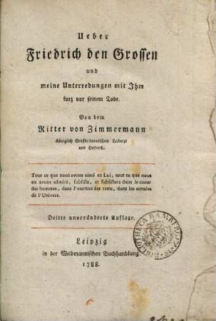 Ueber Friedrich den Grossen und meine Unterredungen mit Ihm kurz vor seinem Tode