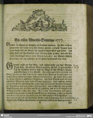 Am ersten Advents-Sonntage 1777
