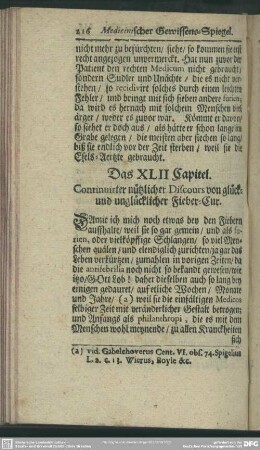 Das XLII. Capitel. Continuirter nützlicher Discours von glück- und unglücklicher Fieber-Cur
