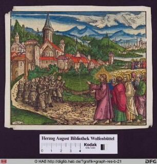 Chritus mit seinen Jüngern trifft vor einer Stadt auf eine Gruppe von Männern, im Hintergrund ein Fluss und eine weitere Stadt.