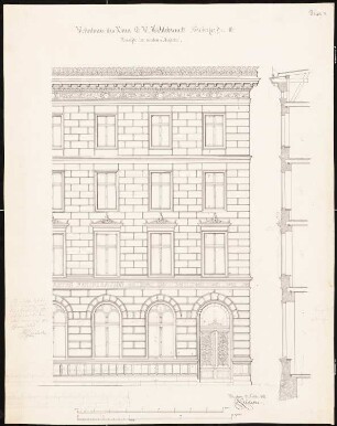 Wohnhaus Hildebrandt mit Gaststätte, Breslau: Aufriss Vorderansicht (Hälfte), Teilschnitt, Maßstabsleisten (Meter, Fuß rhl.)