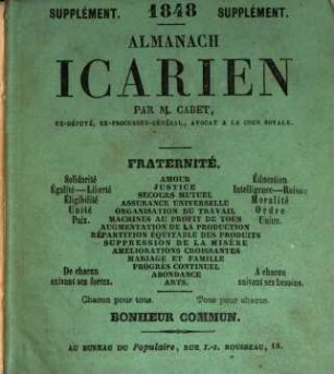 Almanach Icarien, astronomique, scientifique, pratique, industriel, statistique, politique et social. [6,a]. 1848
