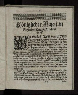 Königlicher Majest. zu Schweden Kriegs-Artickels-Brieff