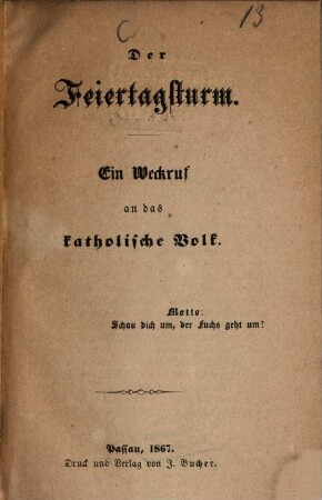 Der Feiertagsturm : ein Weckruf an das katholische Volk