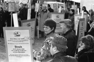 Gemeinschaft Oldesloer Kaufleute (GOK): Protestaktion gegen geplante Erhöhung der Parkgebühren: Markt: Kaufleute mit Pappschilder: hinten Zuschauer, Stände von Wochenmarkt: 5. Januar 2000