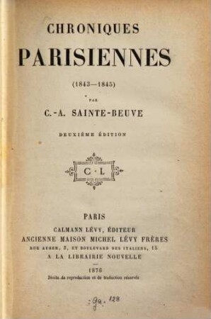 Chroniques parisiennes :  Par C.-A. Sainte-Beuve