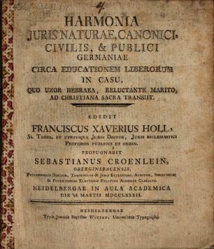 Harmonia iuris naturae, canonici, civilis & publici Germaniae circa educationem liberorum in casu, quo uxor Hebraea, reluctante marito, ad Christiana sacra transiit