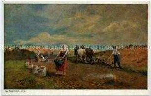 Postkarte mit Gemäldereproduktion: Kartoffelernte