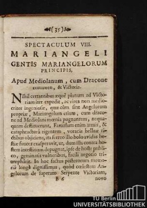 Spectaculum VIII. Mariangeli Gentis Mariangelorum Principis, Apud Mediolanum, cum Dracone certamen, & Victoria.