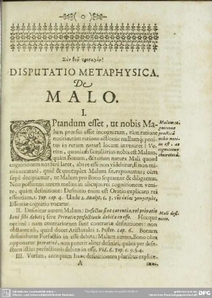 Disputatio Metaphysica. De Malo. I.