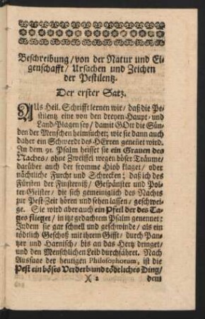Beschreibung von der Natur und Eigenschaft Ursachen und Zeichen der Pestilentz.