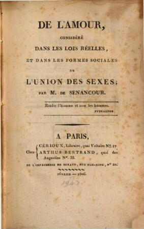 De l'amour, considéré dans les lois réelles et dans les formes sociales de l'union des sexes