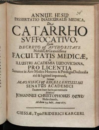 Dissertatio Inauguralis Medica, De Catarrho Suffocativo