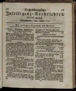 Sonnabends: den 3. Sept. 1774.