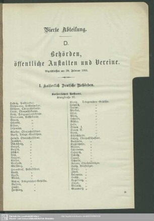 Vierte Abtheilung. Behördenverzeichnis : Vierte Abteilung. D. Behörden, öffentliche Anstalten und Vereine