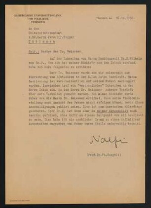 Naegeli an Universitätsrentamt. 16.10.1952