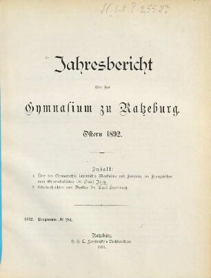 Jahresbericht : über das Schuljahr .... 1891/92
