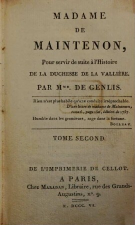 Madame de Maintenon : pour servir de suite à l'Histoire de la duchesse de la Vallière. 2