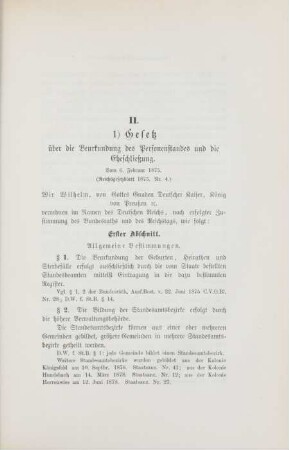 1) Gesetz über die Beurkundung des Personenstandes und die Eheschließung. Vom 6. Februar 1875