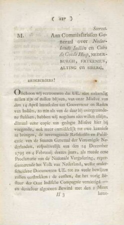 M. Secreet. Aan Commissarissen Generaal over Nederlands Indien en Cabo de Goede Hoop, Nederburgh, Frykenius, Alting en Siberg