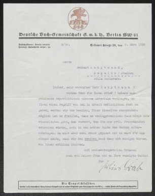 Brief von Julius Bab von Deutsche Buchgemeinschaft  an Gerhart Hauptmann