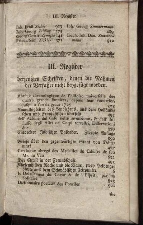 III. Register derjenigen Schriften, denen die Nahmen der Verfaßer nicht beygefügt worden.