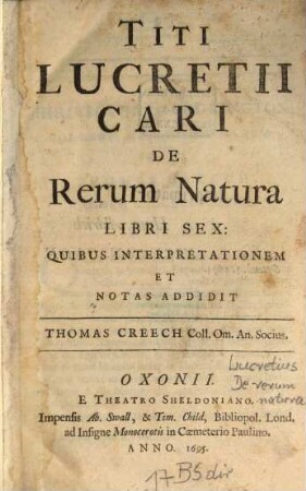 Titi Lucretii Cari De Rerum Natura Libri Sex