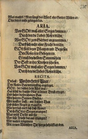 Cantata, Auf die Ros- und Spatzische Verbindung, Welche den 10. Julii, Anno 1714. in Regenspurg erwünscht vollzogen wurde
