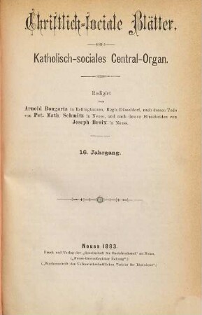Christlich-sociale Blätter : katholisch-sociales Central-Organ. 16. 1883