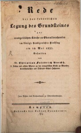 Rede bei der feierlichen Grundsteinlegung zur evangelischen Kirche zu Oberallershausen ... 1835