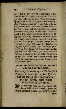 Das neunzehnte Capitel. Kurzweilige Unterredung des Stallmeisters Sancho mit seinem Herrn, [...].