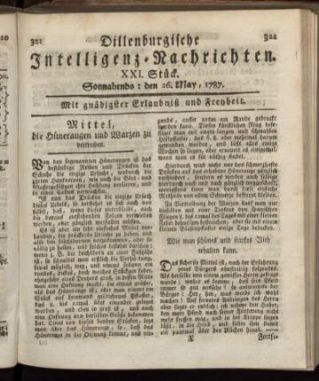 XXI. Stück. Sonnabends: den 26. May, 1787.