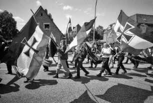 Rechtsextreme bei einem Aufmarsch von Neonazis am 15. Juli 1999 in Hamburg-Bergedorf protestieren gegen die Wehrmachtsausstellung